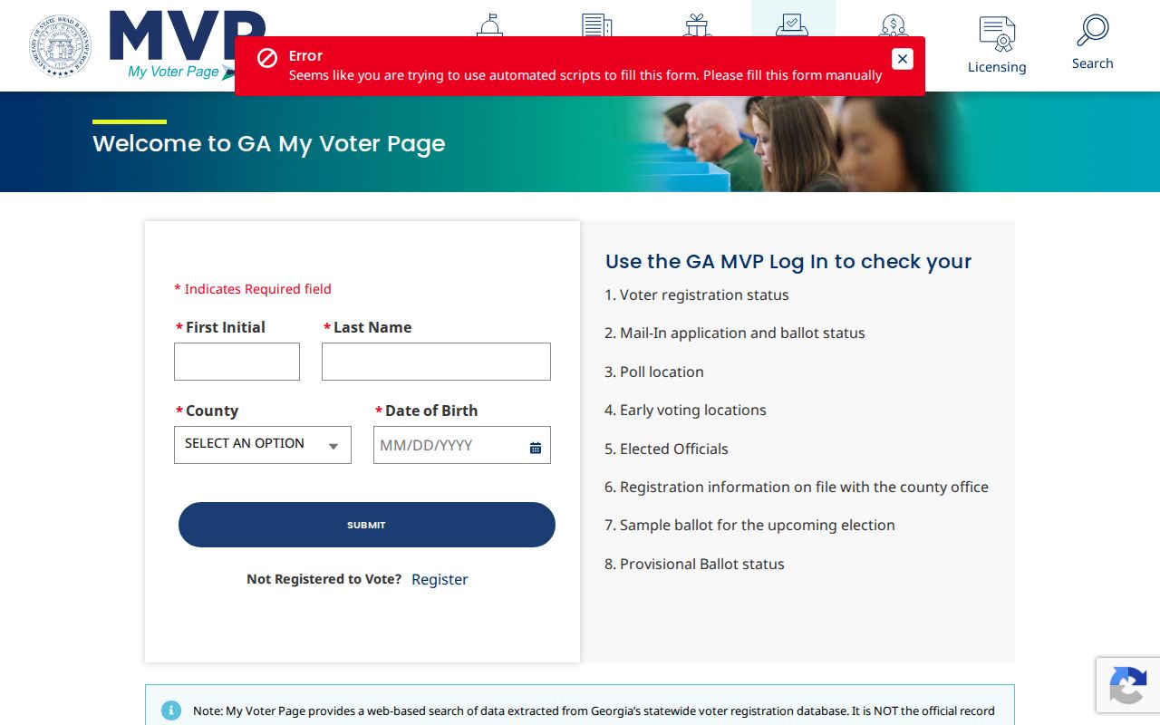 Georgia My Voter Page authentication screen for Savannah voter self-lookup