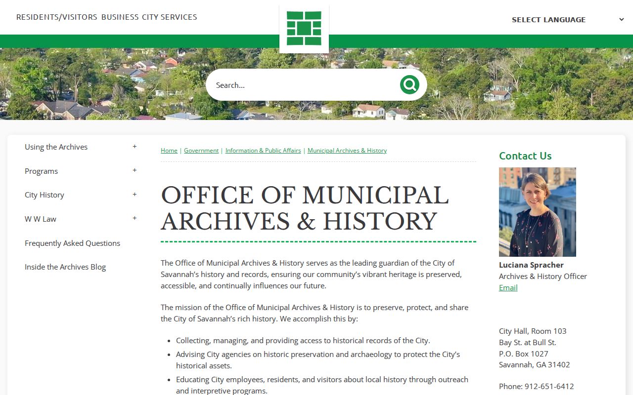 Savannah Municipal Archives history and research information page