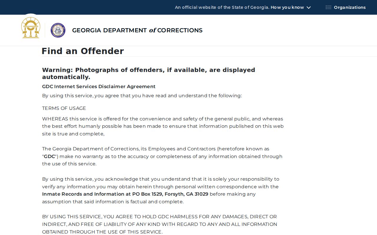 Georgia Department of Corrections official offender query for Savannah-area records