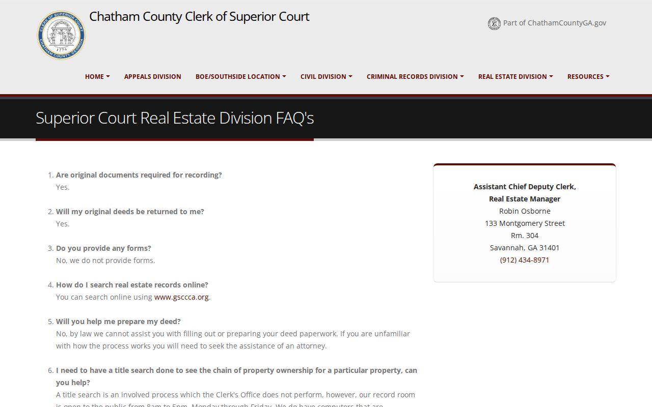 Chatham County Clerk real estate records information for Savannah address research
